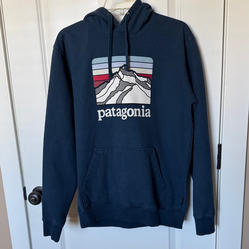 Patagonia Navy Blue Hoodie with Multicolor Mountain Graphic
